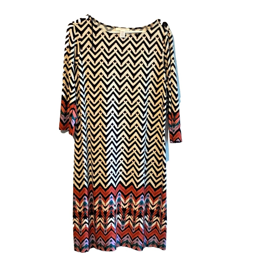 London Times Dress Women Size 16 Knee Length Black White Chevron Stretch
